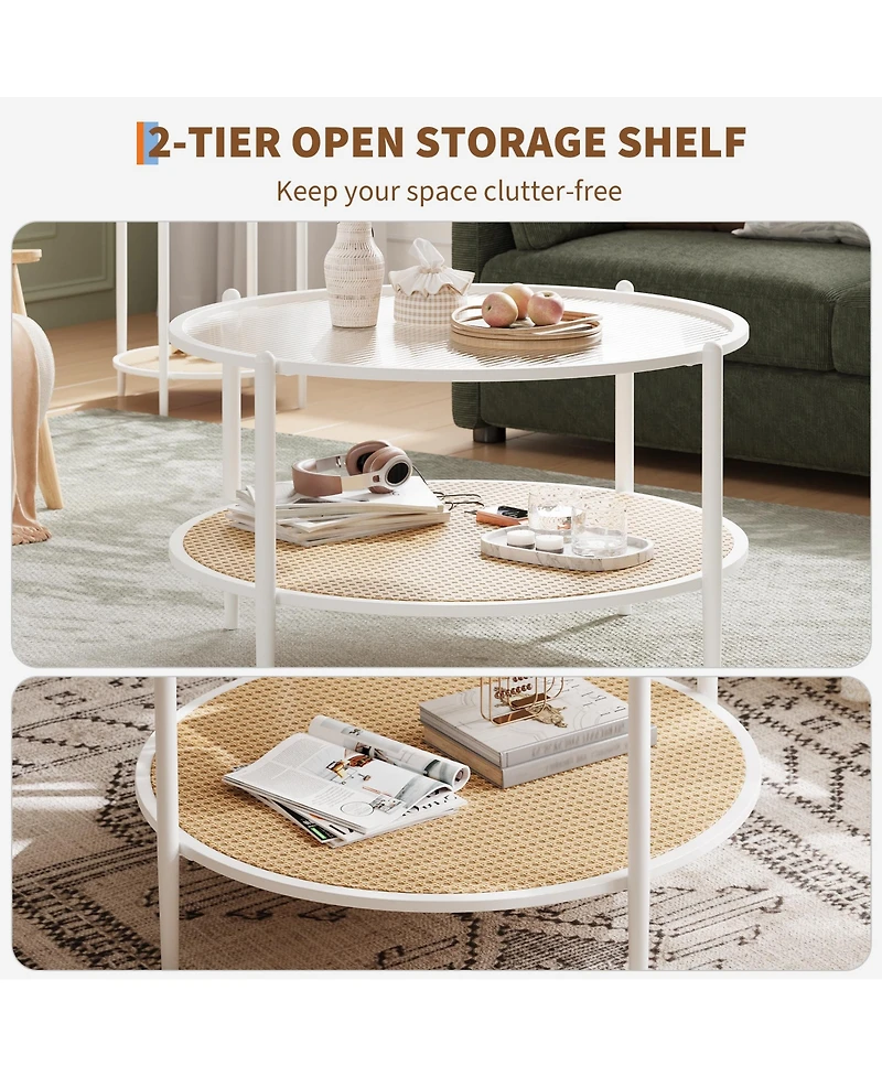 homfan Round 2-Tier Coffee Table with Tempered Glass Top and Rattan Shelf, Metal Frame Center Table for Living Room, Apartment, Small Space