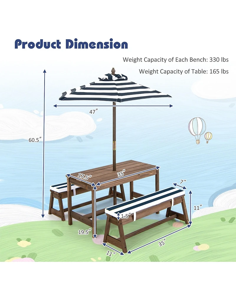 Gymax Kids Wood Picnic Table and Bench Set With Cushions Umbrella for Indoor Outdoor