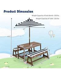 Gymax Kids Wood Picnic Table and Bench Set With Cushions Umbrella for Indoor Outdoor