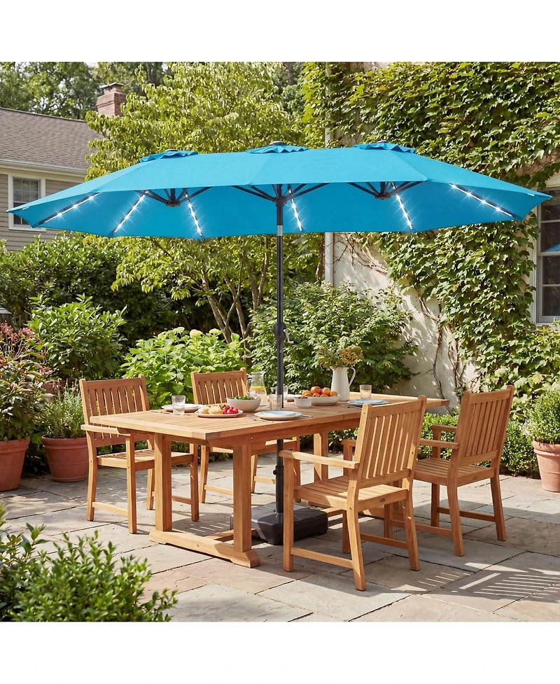 Gymax 15 Ft Double-Sided Patio Umbrella 48 Solar Led Lights Base Included for Pool