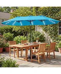 Gymax 15 Ft Double-Sided Patio Umbrella 48 Solar Led Lights Base Included for Pool