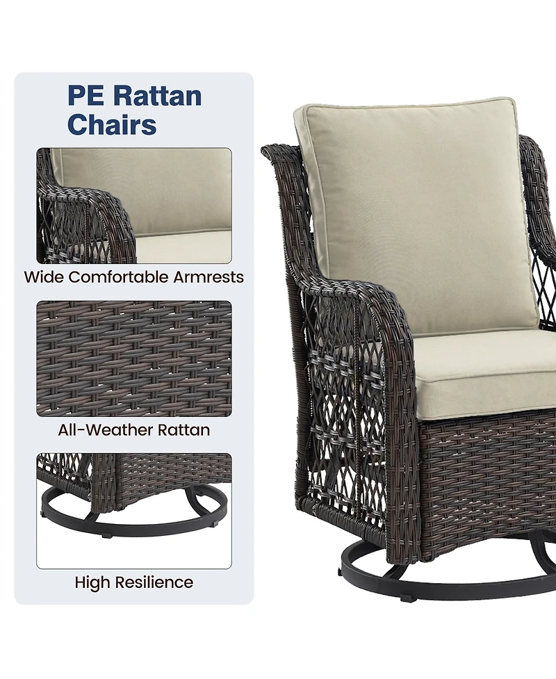 homfan 3 Piece Patio Bistro Set, All Weather Wicker Swivel Rocker Lounge Chairs with Cushions and Glass Table for Porch or Garden