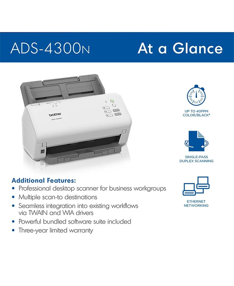 Brother Ads-4300N High-Speed Professional Duplex Desktop Scanner