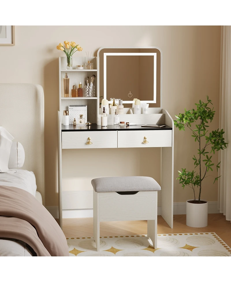 homfan Makeup Vanity Desk Set with Led Mirror, Charging Station, 2 Drawers, and Storage Stool