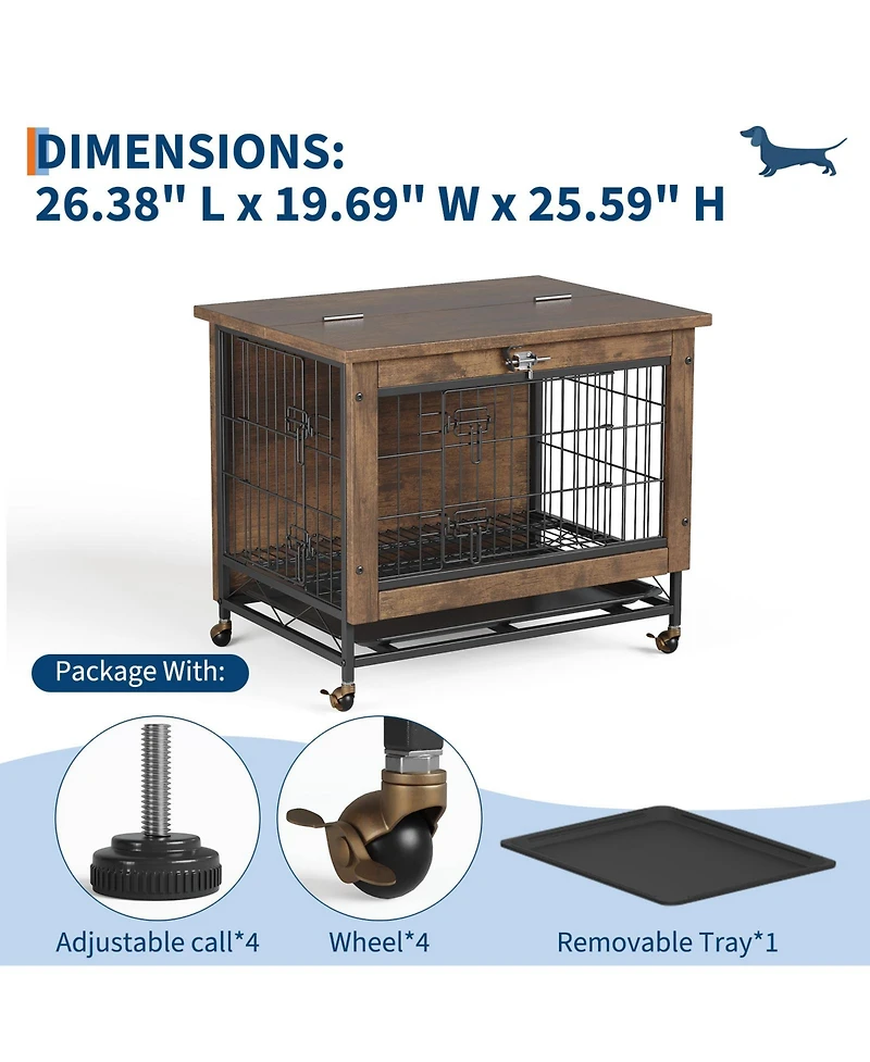 homfan Heavy Duty Wooden Dog House with Double Doors, Top-Opening Metal and Wood Crate, Indoor Kennel with Wheels, Anti-Chew, Ideal for Small Dogs