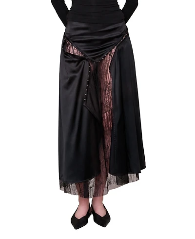 Pcfg Women's The Party Edit Slit Lace Panel Satin Maxi Skirt
