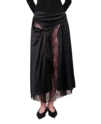Pcfg Women's The Party Edit Slit Lace Panel Satin Maxi Skirt