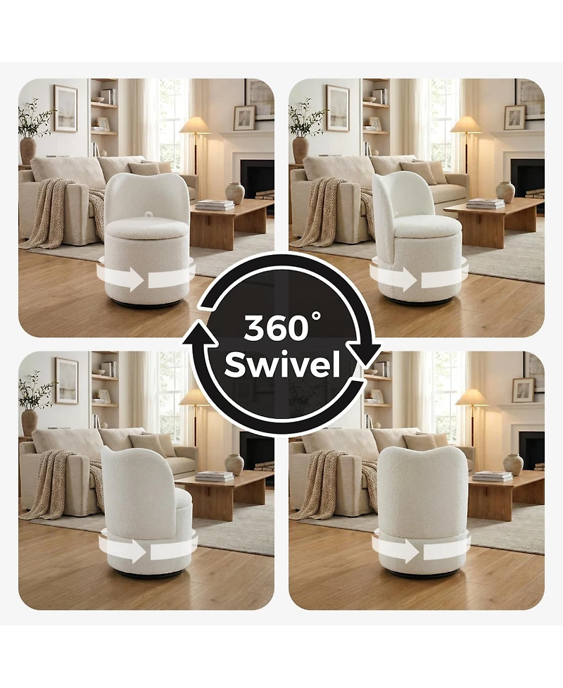 homfan Sherpa Swivel Vanity Chair with Storage - 360degree(s) Upholstered Makeup Stool Soft Padded Backrest Ideal for Bedroom, Living Room