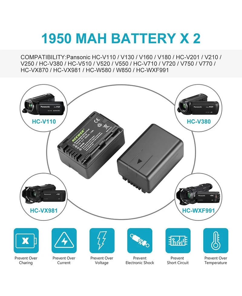 Neewer Vw-VBT190 Camera Battery and Charging Accessory with 1950 mAh for Panasonic Hc-V110 V130 V160 V180 Hc-V201 V210 V250