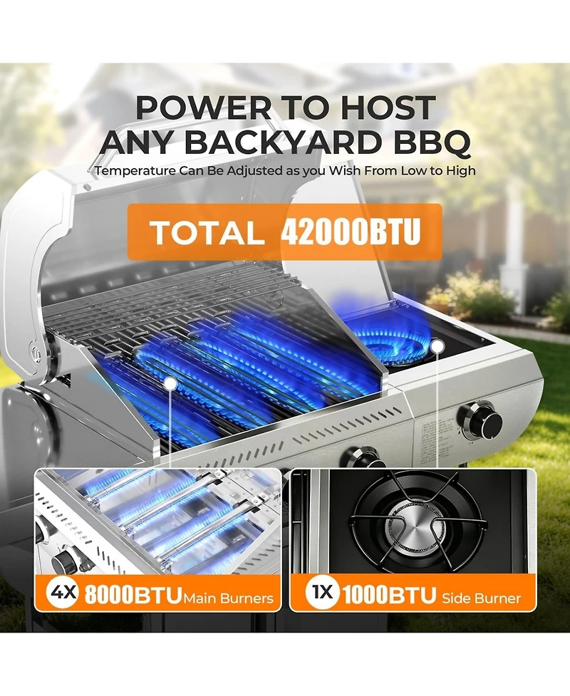 Cowsar Gas Grill,Heavy-Duty Stainless Steel Bbq Grill,4 Burner Gas Grill with Side Burner,42000 Btu Propane Gas Grill for Outdoor Cooking,Barbecue,Gar