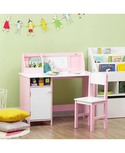 Clihome Kids Study Desk Set with Whiteboard and Storage Cabinet, Children Learning Workstation
