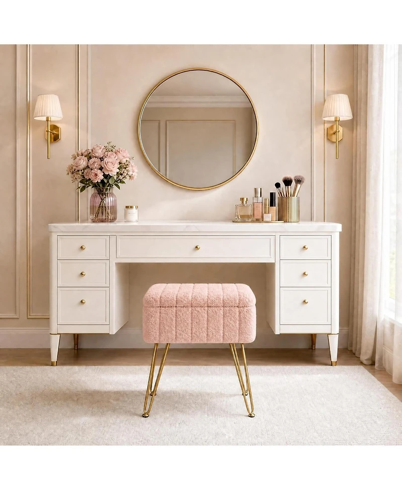 gaomon Vanity Stool with Storage, Faux Fur Ottoman with Metal Legs and Anti-Slip Feet