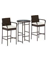 Gymax Set of 3 Outdoor Bar Set Heavy-Duty Metal Barstool and Table Set with Glass Tabletop