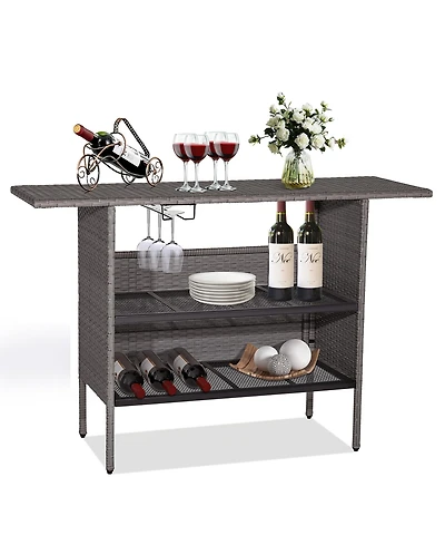 Gymax Patio Rattan Wicker Bar Height Counter Table Storage Shelf Rail Garden