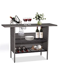 Gymax Patio Rattan Wicker Bar Height Counter Table Storage Shelf Rail Garden