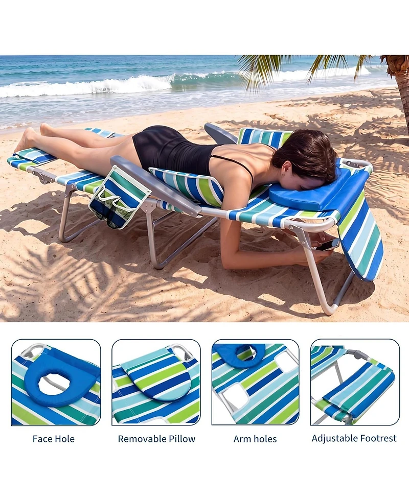 gaomon 2 Packs Outdoor 3-in-1 Beach Chair, Folding Tanning Lounger with Face Hole