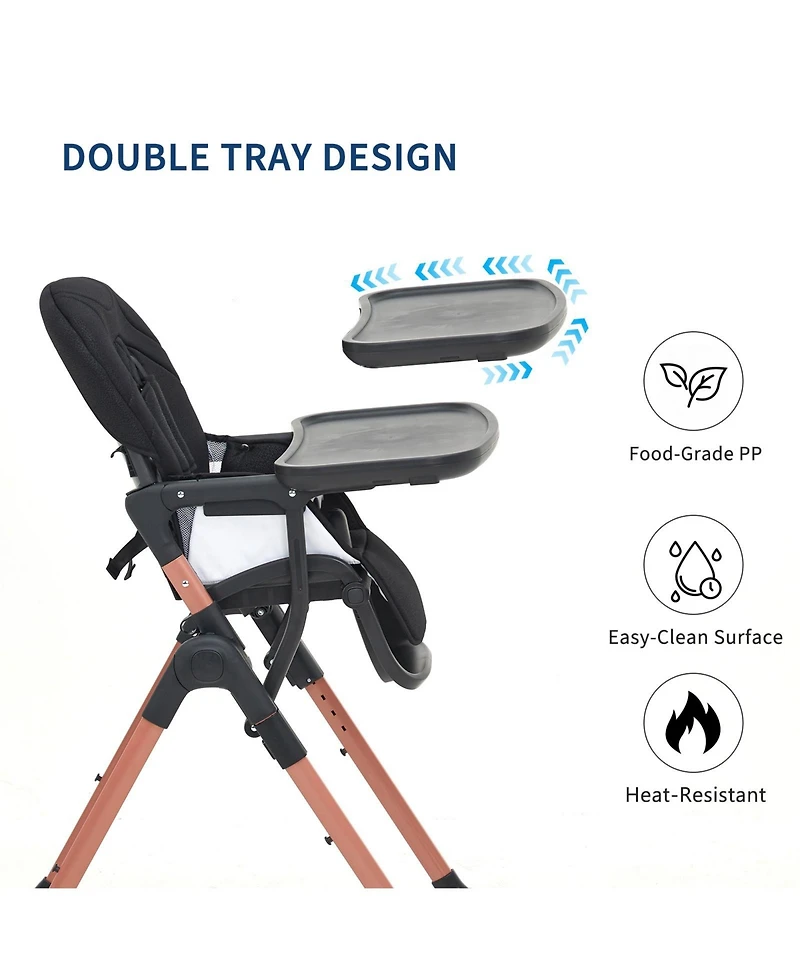 homfan 3-in-1 Foldable Baby High Chair with Double Trays, Adjustable Backrest and Footrest, Portable Feeding Chair for 6-36 Months