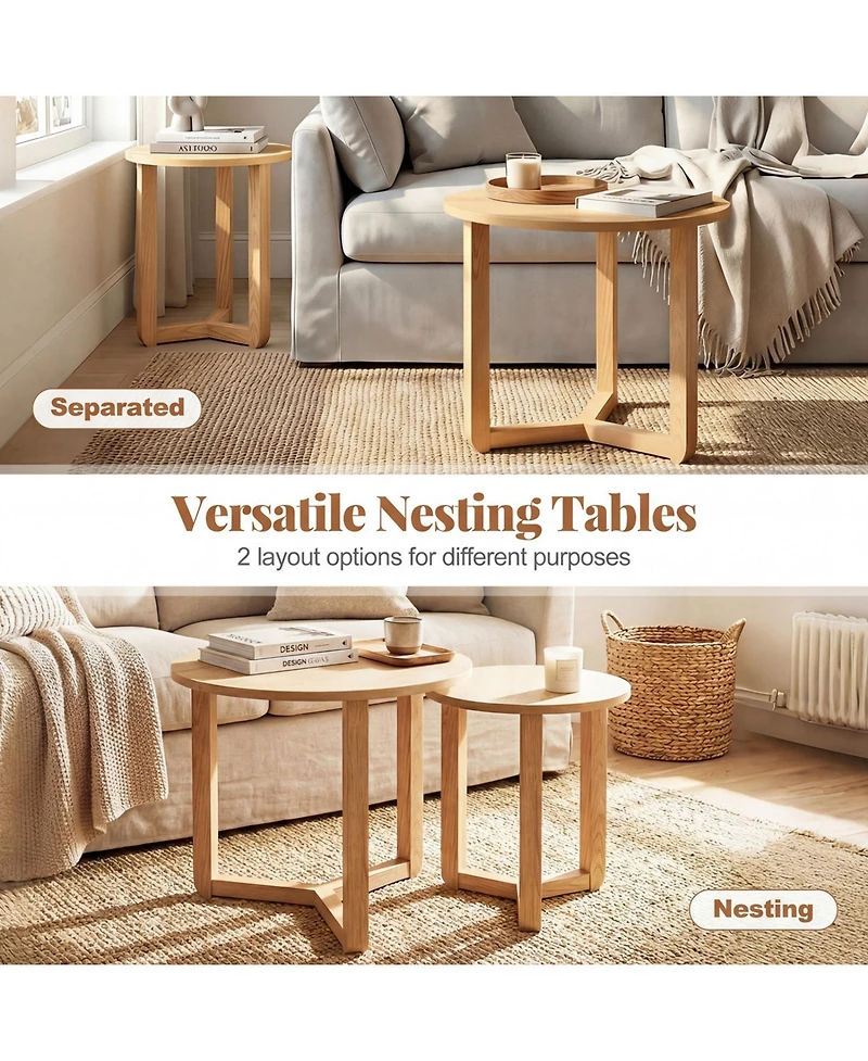 Slickblue Round Wood Nesting Coffee Tables Set of 2 with Thick Top Surface Design