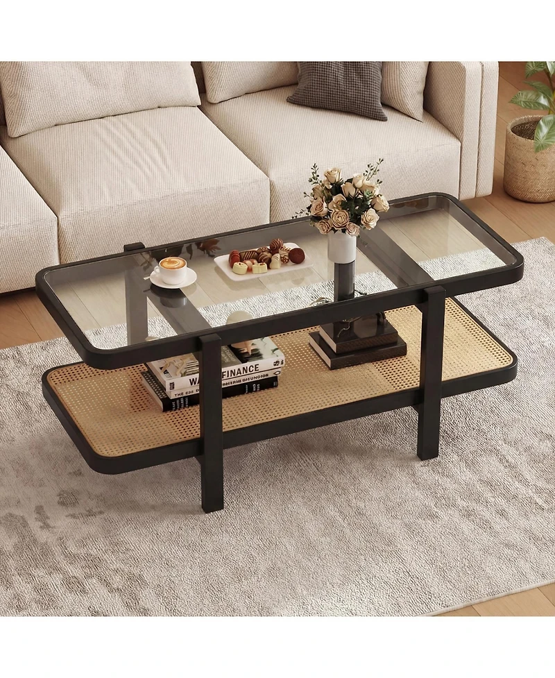 Slickblue Modern 2-Tier Coffee Table with Glass Top and Open Storage Shelf Design