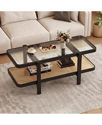 Slickblue Modern 2-Tier Coffee Table with Glass Top and Open Storage Shelf Design