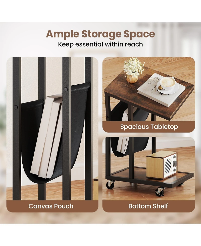 Slickblue Metal Frame C-Shaped Side Table with Canvas Pocket for Living Room
