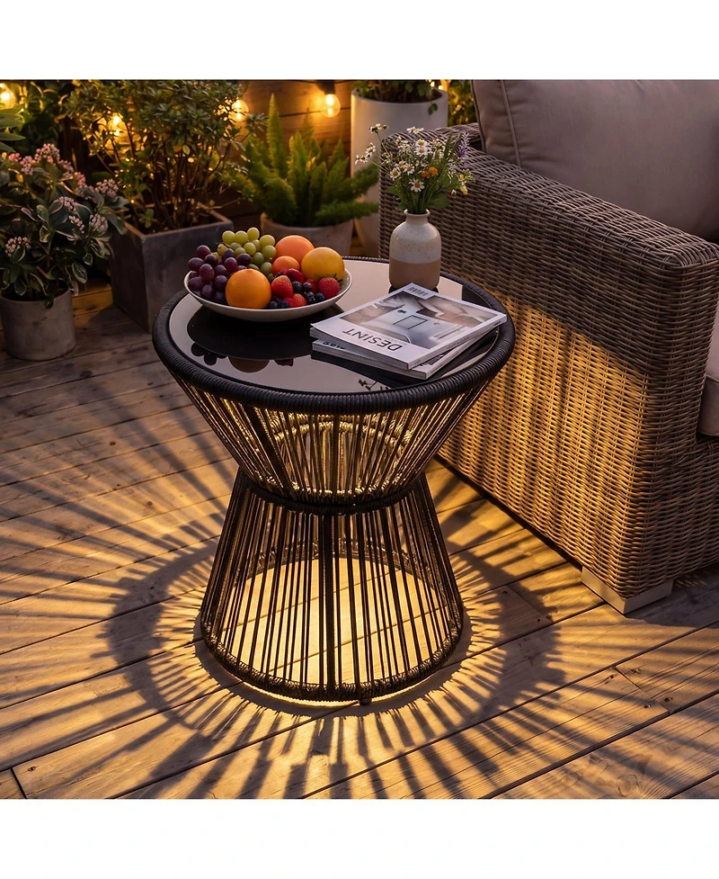 Gymax Outdoor Side Table with Led Warm Light Pe Rattan Hourglass-Shaped End Table