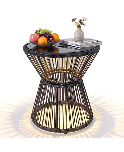 Gymax Outdoor Side Table with Led Warm Light Pe Rattan Hourglass-Shaped End Table
