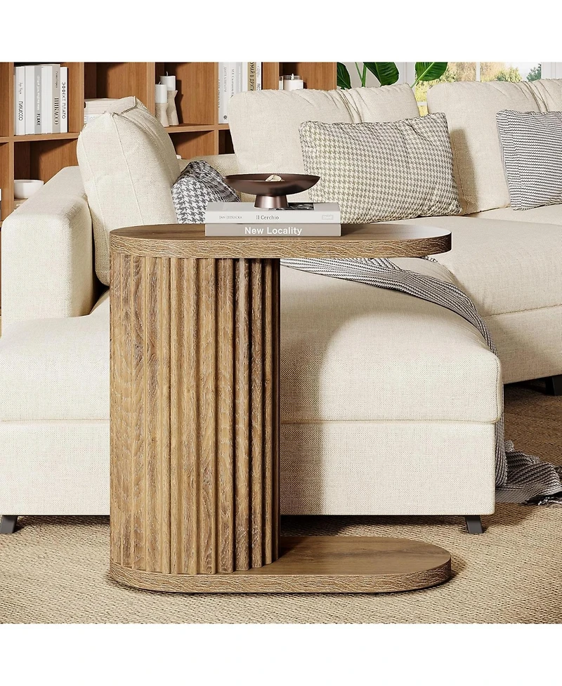 Tribesigns Fluted C-Shaped End Table, Modern Narrow Side Table with Oval Top and Storage Shelf, Accent Sofa Companion for Small Spaces