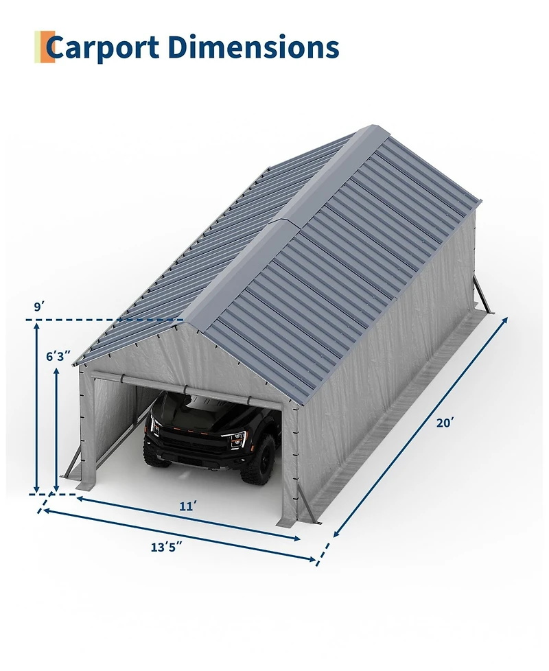 homfan 11x20 Feet Heavy Duty Carport with Side Curtains, Steel Tube Frame with Vertical Profile Steel Roof, Vehicle Shelter