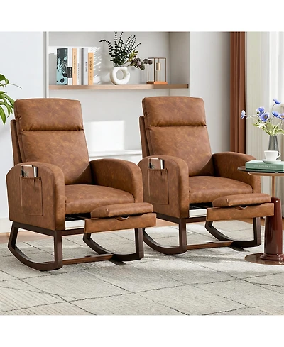 homfan Set of 2 Glider Rocking Chairs, Soft Fabric Upholstered Chairs with Adjustable Footrest and Wood Legs for Living Room or Nursery