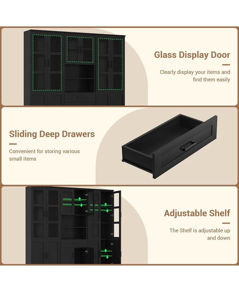 Aheaplus Set of 3 Kicthen Storage Pantry Cabinet with Glass Door and Drawer