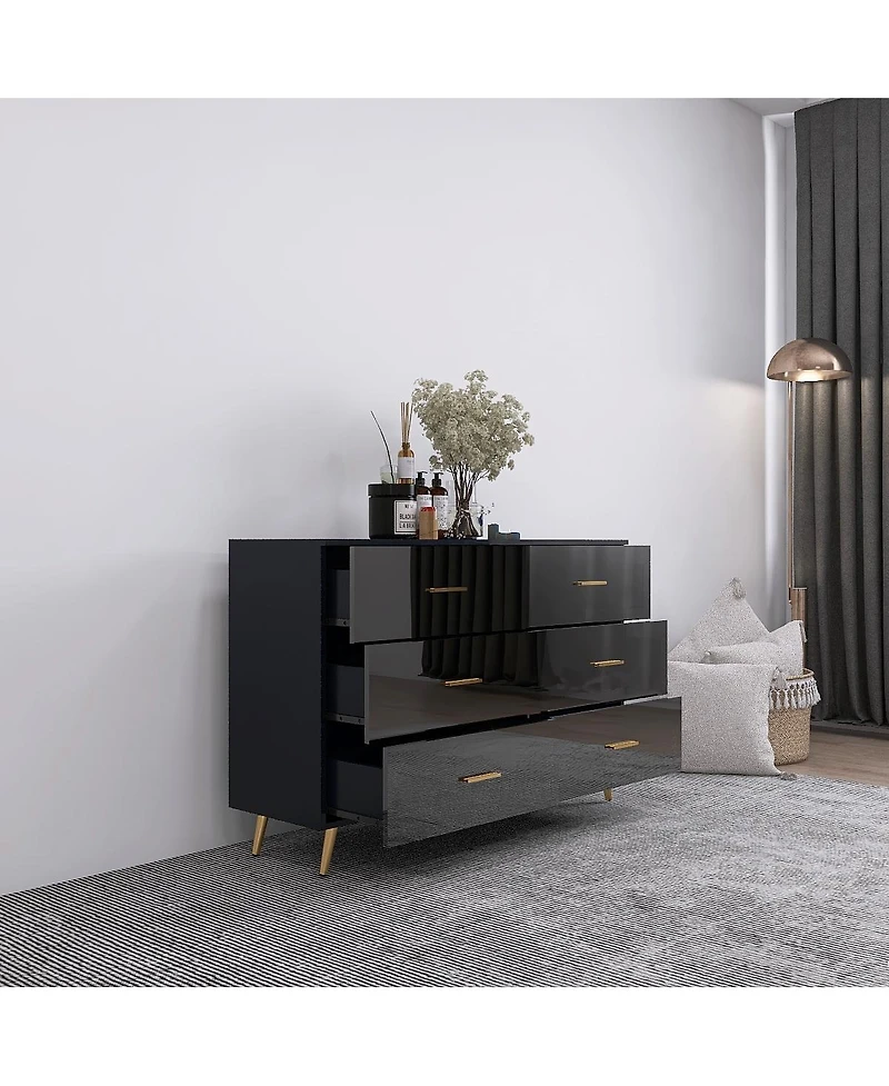 Flynama High Gloss 6-Drawer Storage Chest with Golden Handles and Metal Legs Home Bedroom Vanity Cabinet