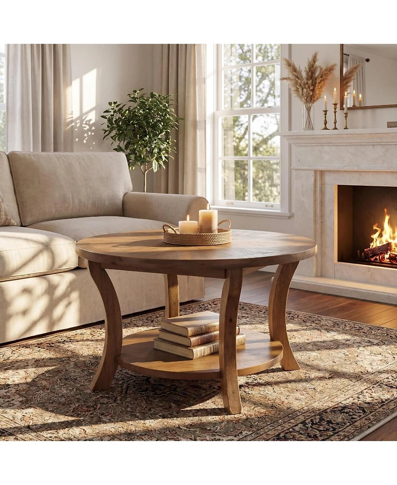 Tribesigns 31.5" Round Solid Wood Coffee Table with Storage Shelf, Farmhouse Circle Center Table for Living Room