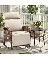 Pocassy Outdoor Recliner Chair for Patio, Wicker Reclining with Adjustable Backrest, Rattan Rocker Armchair Side Table
