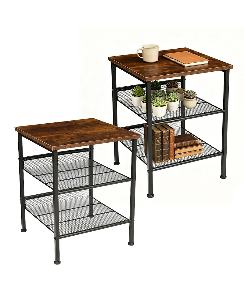 homfan 2-Piece 3-Tier Square End Table Set, Industrial Side Tables with Mesh Shelves and Metal Frame