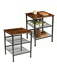 homfan 2-Piece 3-Tier Square End Table Set, Industrial Side Tables with Mesh Shelves and Metal Frame