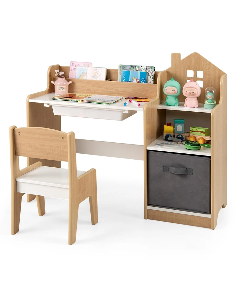 Slickblue Children Study Table and Chair Set with Open Shelves Storage Drawer