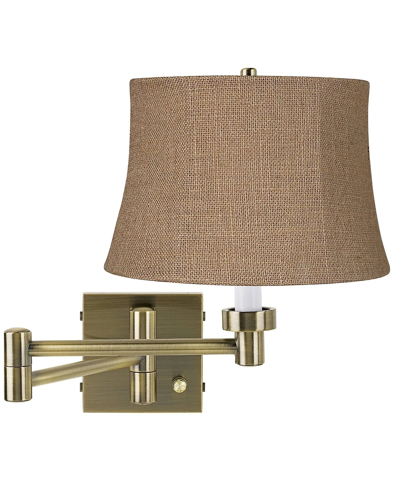 Barnes and Ivy Modern Swing Arm Wall Lamp Antique Brass Plug-In Light Fixture Burlap Drum Shade Bedroom Bedside Reading
