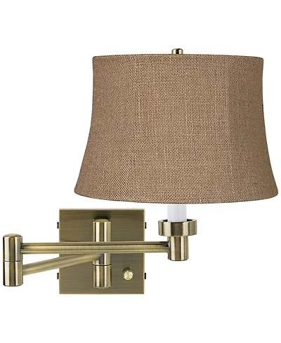 Barnes and Ivy Modern Swing Arm Wall Lamp Antique Brass Plug-In Light Fixture Burlap Drum Shade Bedroom Bedside Reading