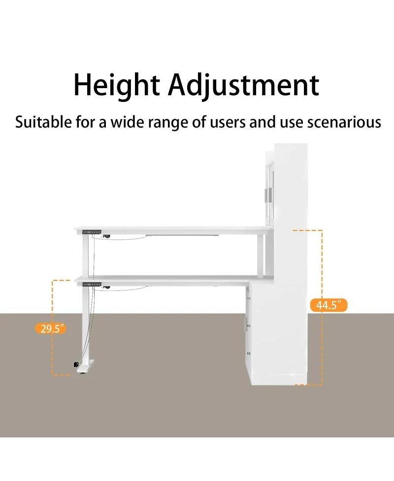 Homsee 60-Inch L-Shaped Electric Height Adjustable Corner Desk with Storage - Standing Desk with Silver Pulls | Includes 69-Inch Tall Bookcase Hutch