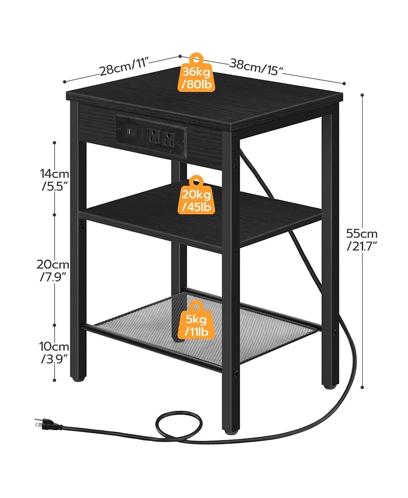 Slickblue Side Table with 3 Shelves and Built-In Charging Station for Bedroom