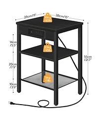 Slickblue Side Table with 3 Shelves and Built-In Charging Station for Bedroom