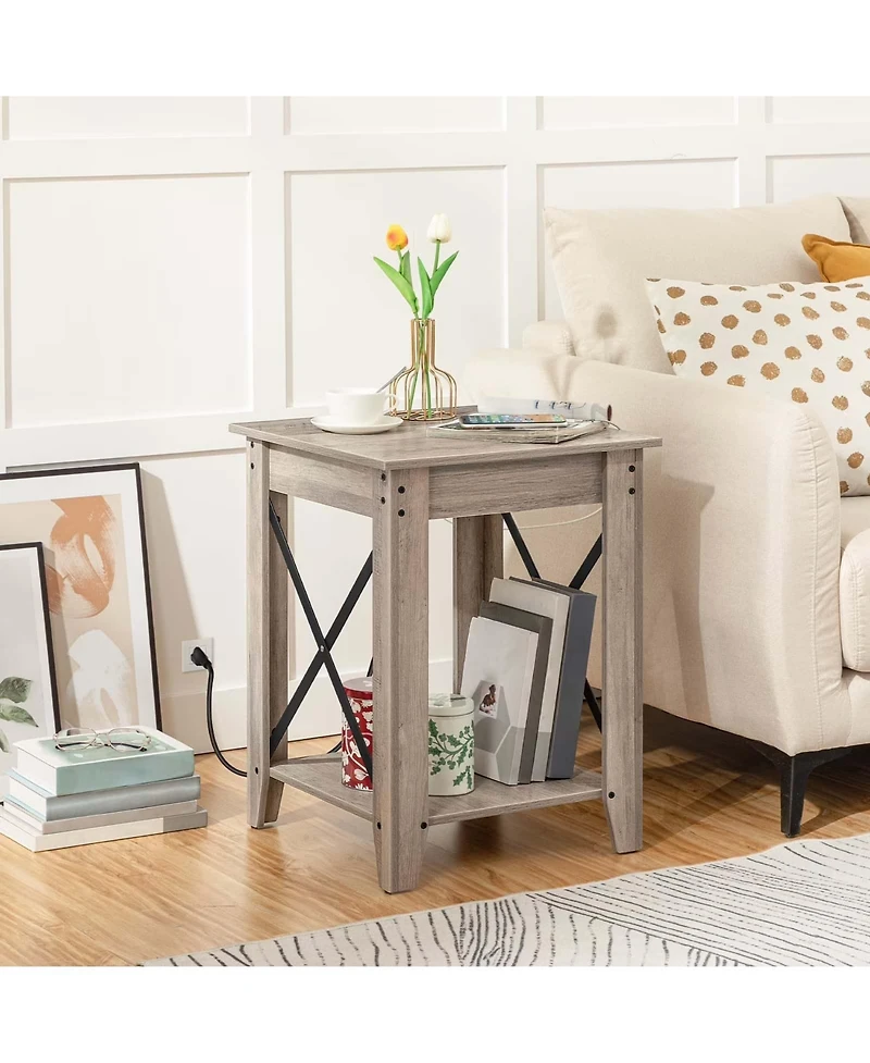 Slickblue Set of 2 End Table with Usb Charging Station and Storage Shelves for Bedroom
