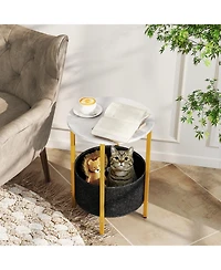 Slickblue Modern Round End Table 2-Tier with Fabric Storage Basket and Metal Base