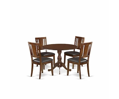 East West Furniture 5 Piece Wood Dining Table Set Consists of 1 Drop Leaves Wooden Dining Table and 4 Mahogany Faux Leather Dining Chair with Panel