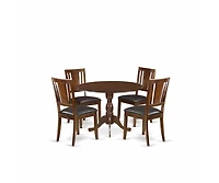 East West Furniture 5 Piece Wood Dining Table Set Consists of 1 Drop Leaves Wooden Dining Table and 4 Mahogany Faux Leather Dining Chair with Panel