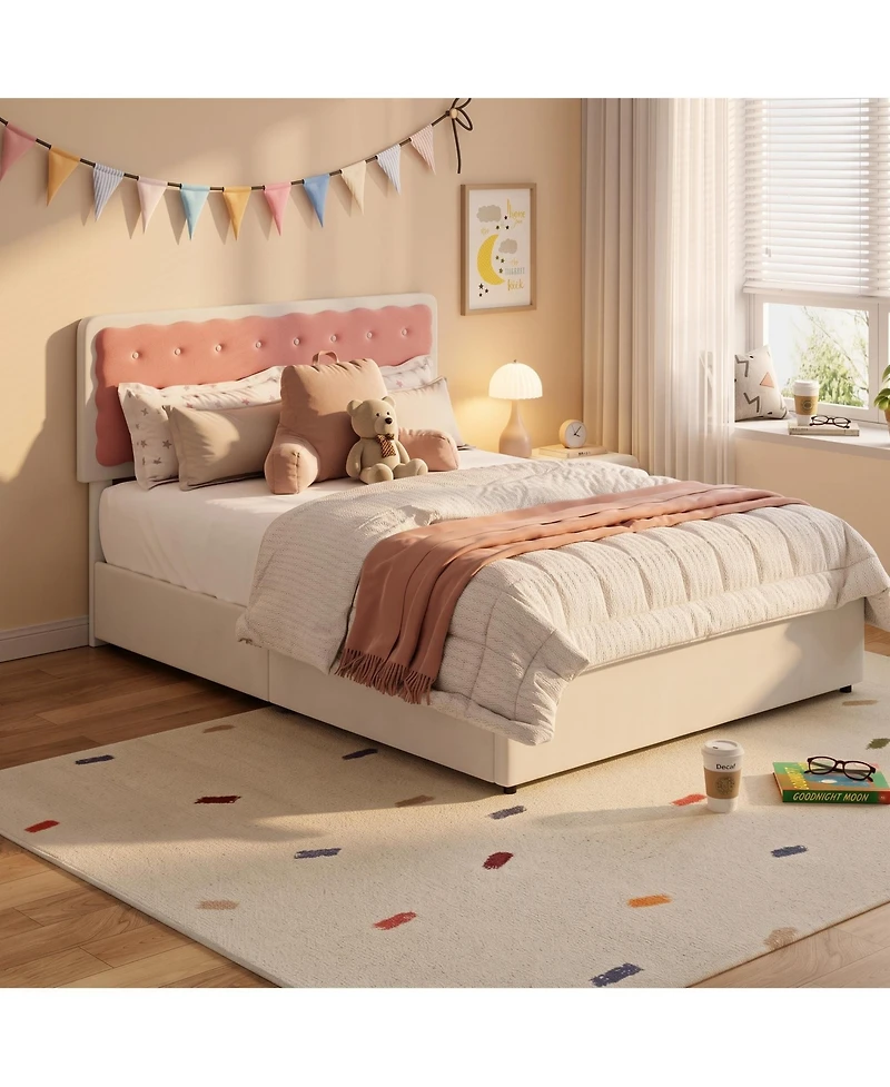 Velvet Upholstered Platform Bed with Biscuit Tufted Storage Headboard, Drawer, Sturdy Wood Slats, No Box Spring Needed