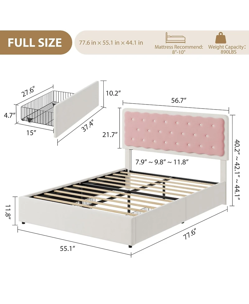 Velvet Upholstered Platform Bed with Biscuit Tufted Storage Headboard, Drawer, Sturdy Wood Slats, No Box Spring Needed