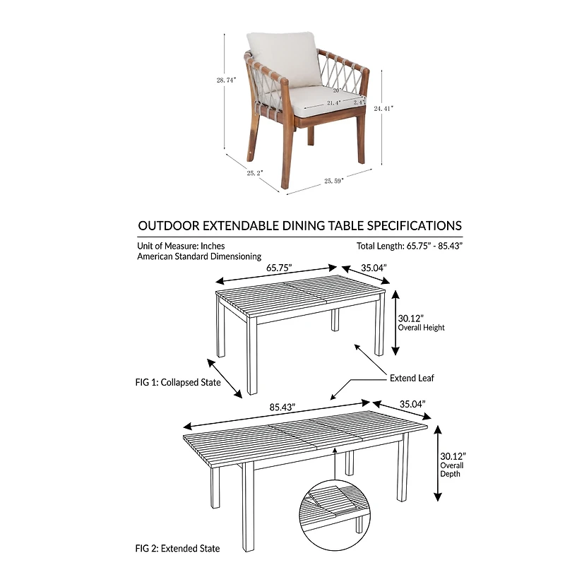 Asagikoiai 7-Piece Acacia Wood Patio Dining Set with Expandable Table and 6 Rope Chairs