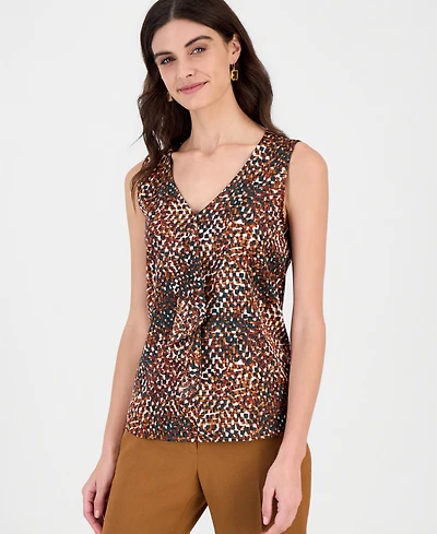 Kasper Women's Ruffle-Front Allover Print Sleeveless Blouse
